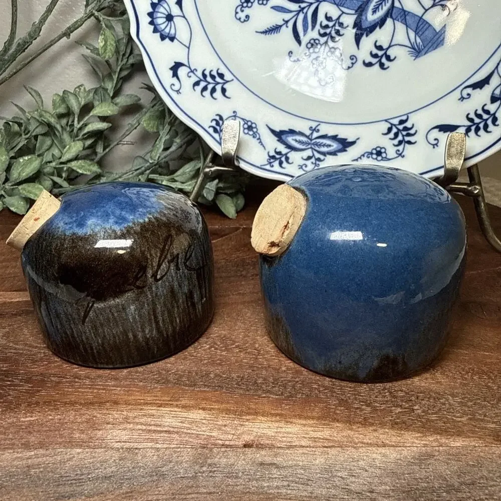 Spanish Studio Pottery SAL PEBRE Salt Pepper Shakers Blue Drip Glaze Vintage